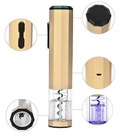 Основные части электрического штопора "E-Wine R2": двухпозиционный переключатель, спираль, рабочий индикатор