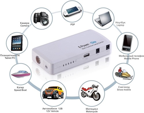 С помощью прибора "E-POWER Elite" можно не только запускать двигатели, но и запитывать массу электронных устройств (нажмите на фото, чтобы увеличить)
