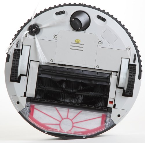 Нижняя панель робота-пылесоса "Robo-sos XR-510D" включает в себя два ведущих и одно рулевое колесо, систему щеток и датчики предотвращения падений