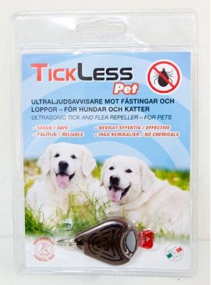 На фото показан отпугиватель "TickLess Pet" в упаковке