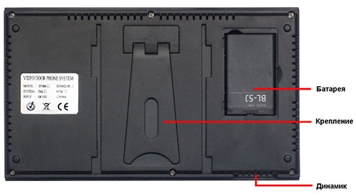 На задней панели внутреннего блока видеодомофона "Grand" расположена откидная подставка, отверстие для динамика и батарейный отсек