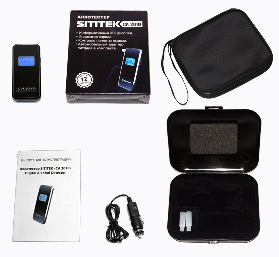 Полный комплект поставки алкотестера "SITITEK СА2010": упаковочная коробка, чехол и кейс с содержимым