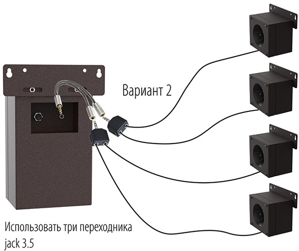 Вариант 2 — подключение динамиков с использованием трёх переходников на 2 гнезда jack 3.5 мм